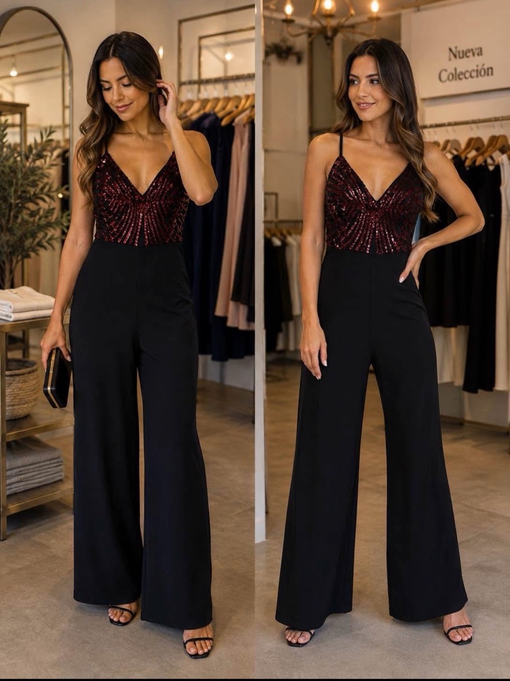 Haute Monde Burgundy Sequin Bodice Black Wide-Leg Jumpsuit
